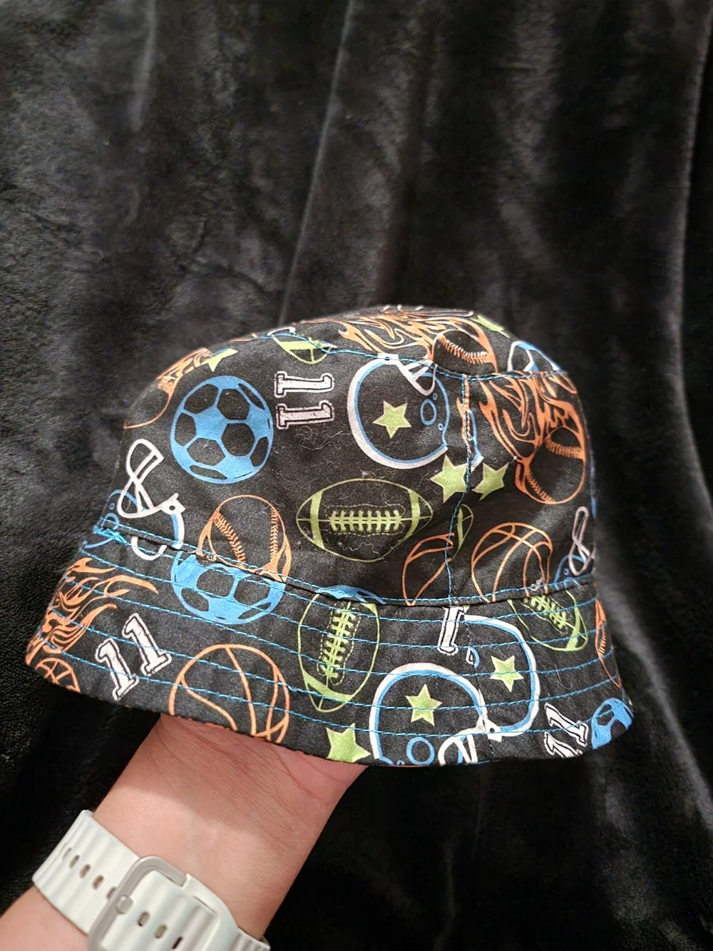 Children's Sports Print Hat - Black with Bright Sports Icons